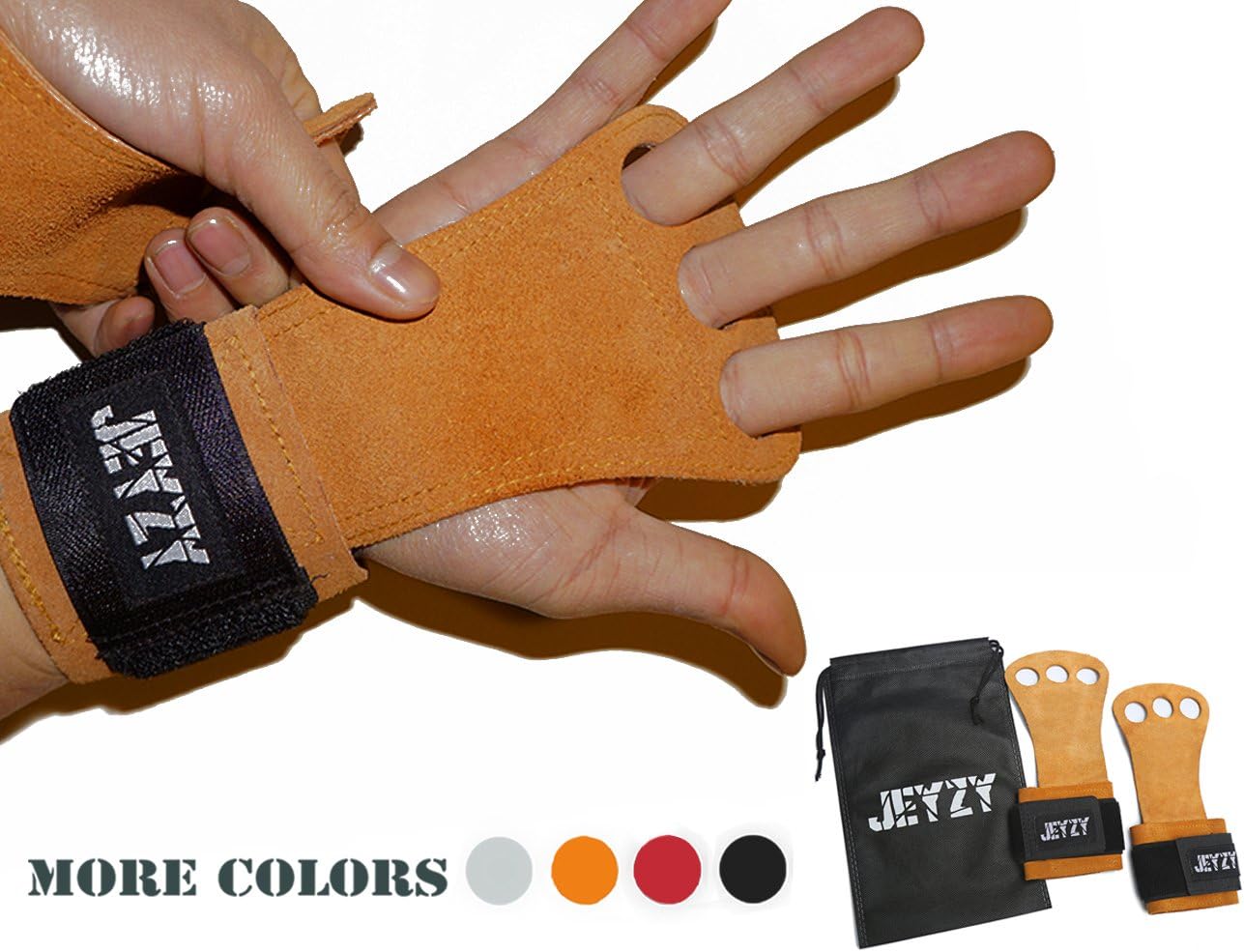Jeyzy Leather Gymnastics Grips 3 Hole Hand Grips with Wrist Support Palm Protection for pullups,Crossfit Training,Weight Lifting,Barbells,Chin ups,Exercise,Kettlebells,& More.