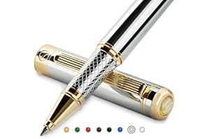 Scriveiner Silver Chrome Rollerball Pen - Stunning Luxury Pen with 24K Gold Finish, Schmidt Ink Refill, Best Roller Ball Pen Gift Set for Men & Women, Professional, Executive Office, Nice, Fancy Pens