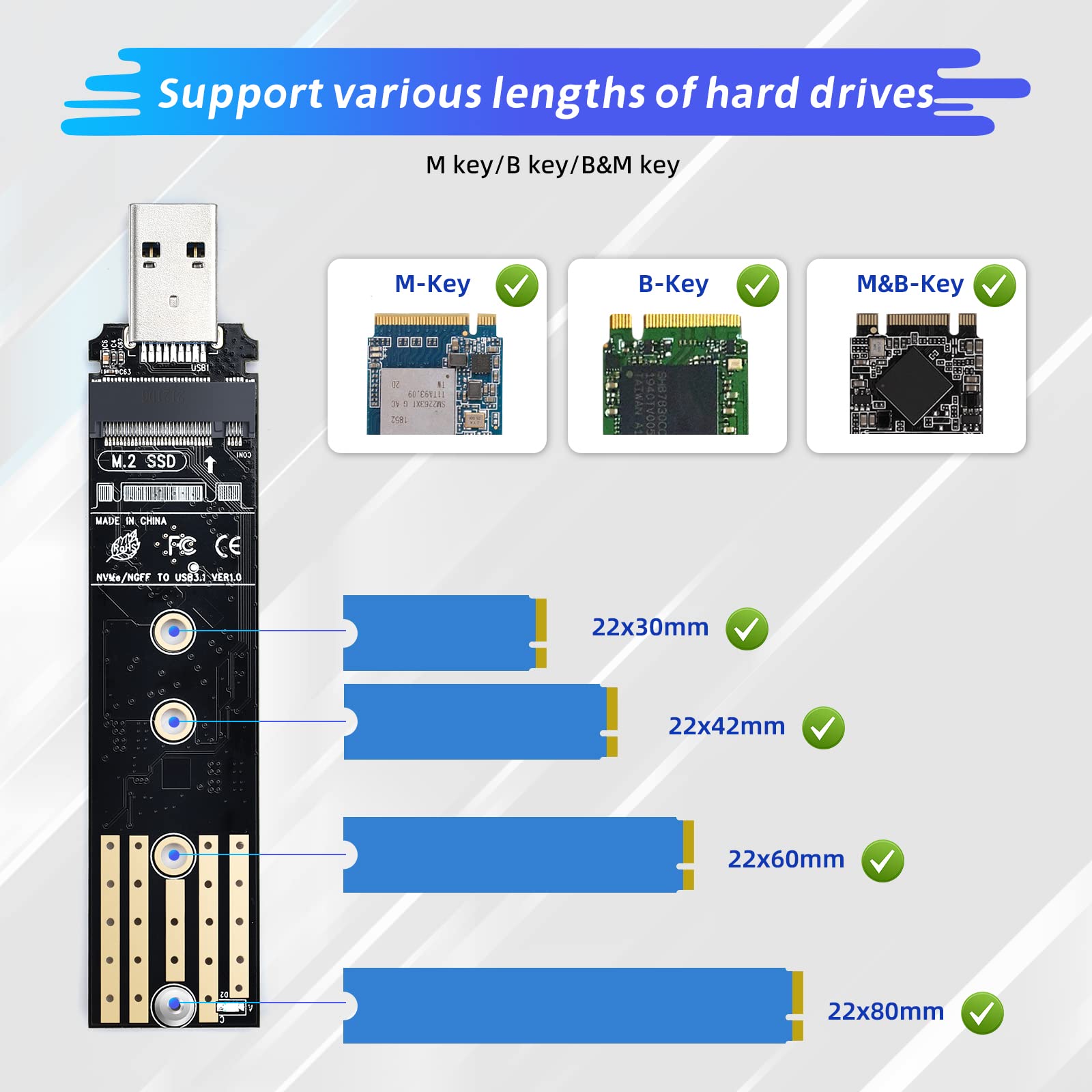 ELUTENG M.2 to USB Adapter Dual Protocol M.2 NVME SATA Hard Drive USB3.1 Gen2 10Gbps USB to NVME PCI-E SSD Reader M Key & B+M Key Max 4TB Support UASP for 2280 2260 2242 2230 SSD Enclosure