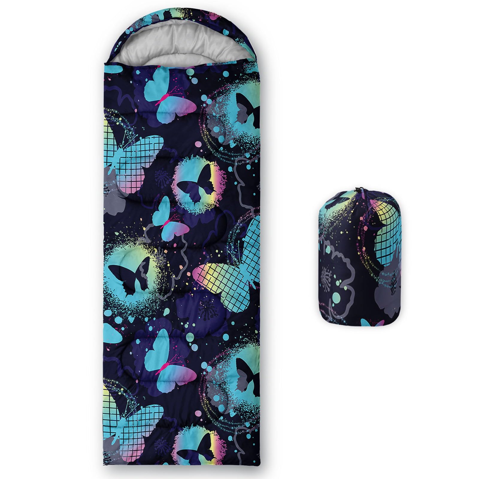 HOSIMA Kids Sleeping Bag for Boys Girls,Blue Butterflies Print-Lightweight Warm Portable Outdoor Indoor-Waterproof Cold Weather Resistant Sleeping Bag for Camping Hiking(Blue Butterflies)