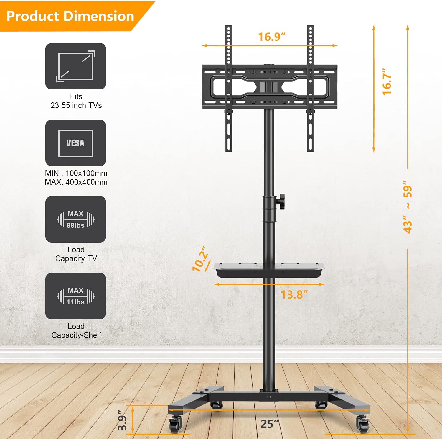 5Rcom Mobile TV Cart Rolling TV Floor Stand with Locking Wheels and Tilt Mount for Most 23-55 Inch Plasma LCD LED Flat Screen or Curved TVs Monitors Display Trolley Stand with Laptop Shelf/Tray : Office Products