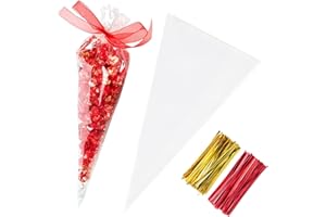 YOTELAB Large Cone Cellophane Bags,7x15 Inches 200 PCS Plastic Popcorn Cone Bags for Party, Clear Cone Shaped Treat Bags with Twist Ties