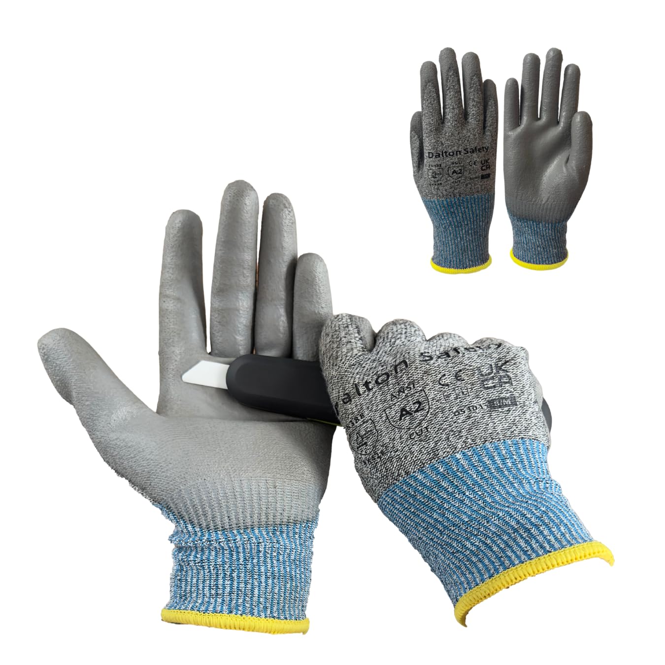 Dalton Safety Pair Of Medium Cut Resistant Level 3 Work Gloves, HPPE Knitted Cuff, PU Coated Palm & Fingertips. Perfect For General Duty, Gardening, Glass Cutting & Sheet Metal Handling