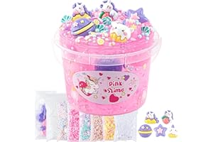 OKAYBEE 10 FL OZ Unicorn Slime Kit, Pink Clear Slime Bucket, Slime Party Favors for Kids, Glimmer Crunchy Slime Includes 9 Packs of Slime Add-ins, Stress Relief Slime Kit for Girls and Boys Ages 8-12