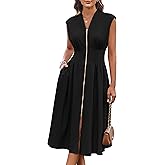 GRACE KARIN Womens Summer Casual Dress, Business Office Work Dresses, Cap Sleeve Zipper Front Flowy Midi Dress with Pockets