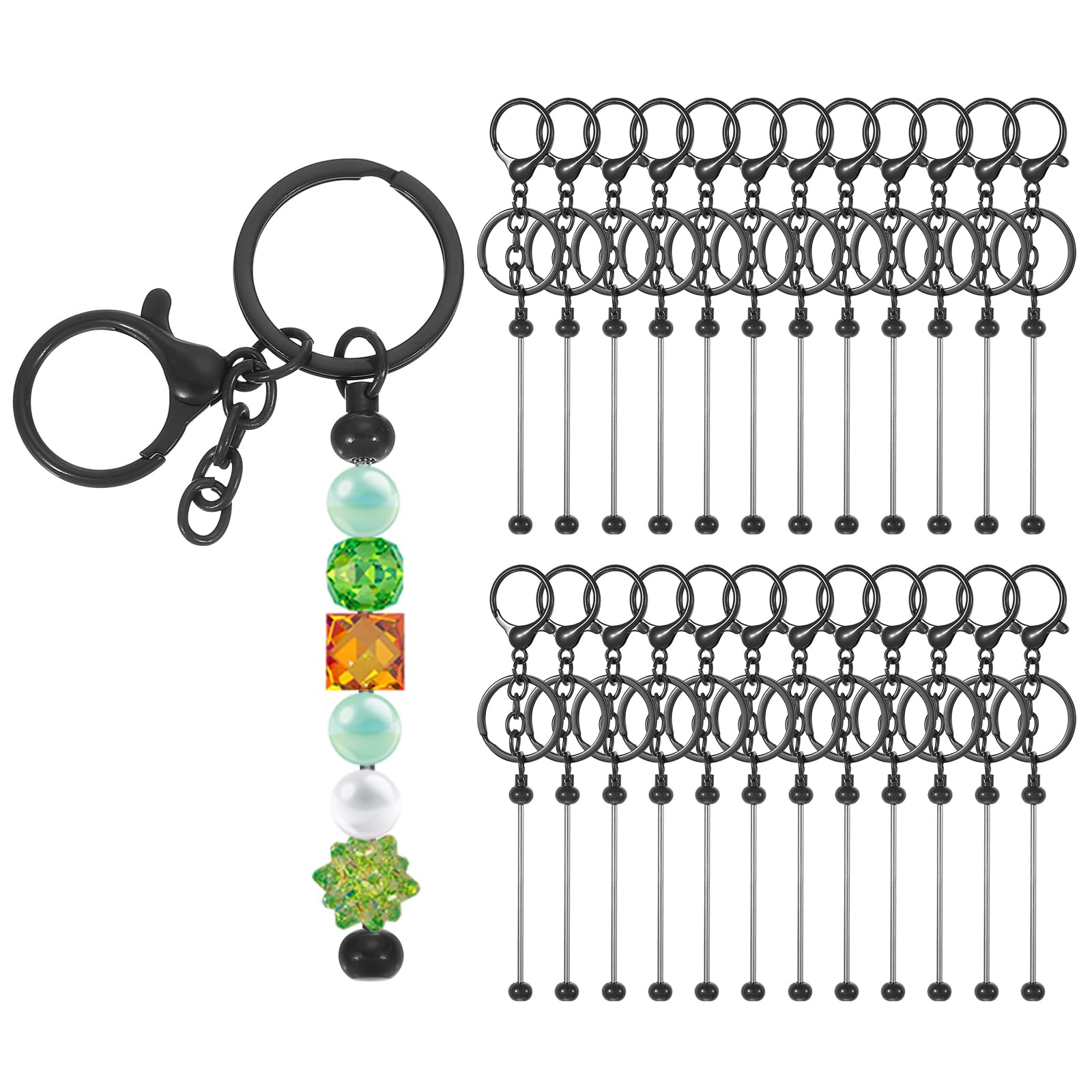 PATIKIL 24 Pcs Beadable Keychains Bars, Metal Beaded Keychain Blanks Bulk Making Supplies Kit with Lobster Hook for Pendant DIY Art Crafts, Black
