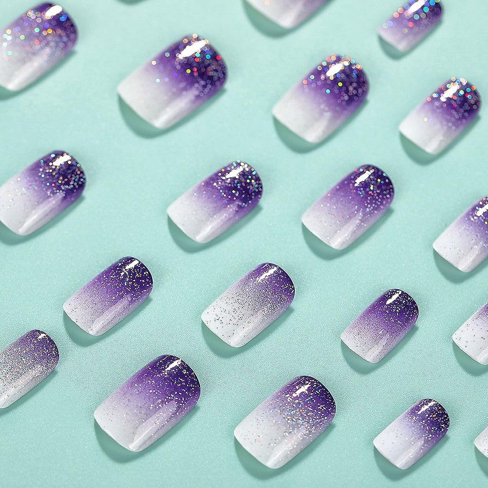 Rilafuvu Square Press on Nails Short Fake Nails Purple Gradient Glue on Nails Glitter Acrylic Nails Glossy False Nails Press on Nails for Women and Girls 24Pcs - Image 3