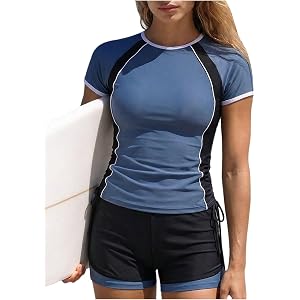 MakeMeChic Women's 2 Piece Rash Guard Short Sleeve Swim Shirts Built in Bra Swimsuit with Boyshorts