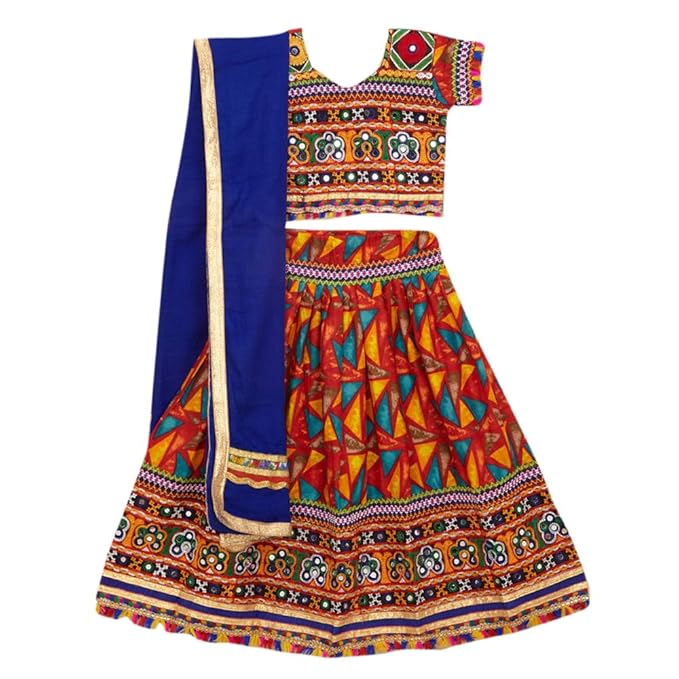 Banjara By Hopscotch Girls Cotton Kutchi Embroidered Chaniya Choli With Dupatta in Blue Color