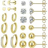 11 Pairs Surgical Steel Earrings Sets for Multiple Piercing Lightweight Small Huggie Hoop Earrings CZ Stud Earrings for Women Cartilage Trendy Hypoallergenic free combination(gold/silver/roes)
