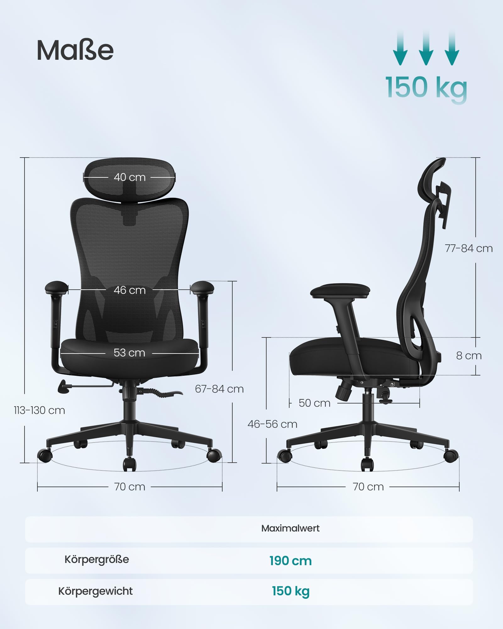 SONGMICS Bürostuhl ergonomisch, Schreibtischstuhl, Computerstuhl, verstellbare Lenden- und Kopfstütze, bis 150 kg belastbar, höhenverstellbar, tintenschwarz OBN066BH01 3