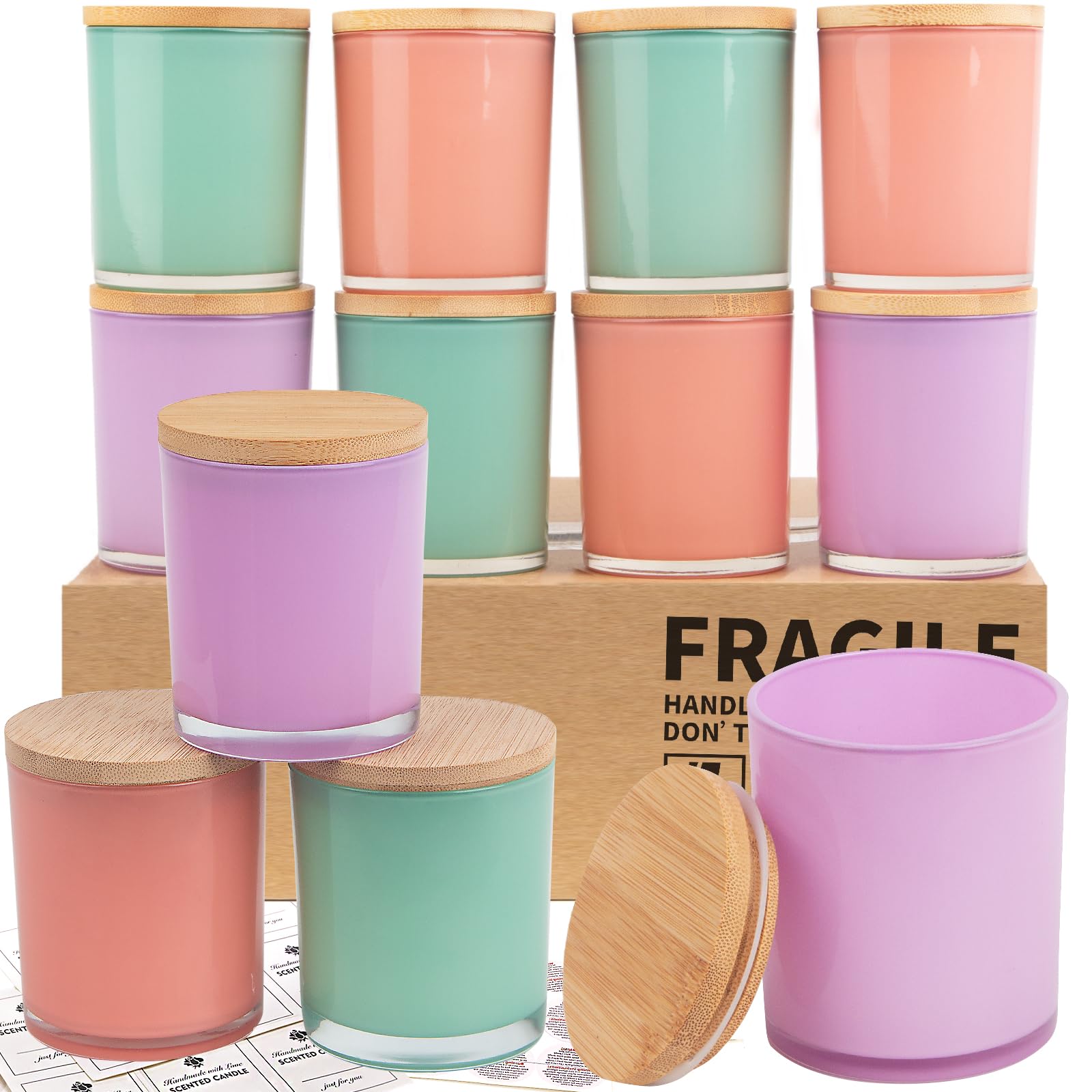 Photo 1 of CONNOO 12 Pack 10 OZ Spring Glass Candle Jars for Making Candles with Airtight Bamboo Lids Nice Sticky Warning Labels for Candle Making Empty Container Bulk - Dishwasher Safe