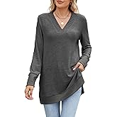Famulily Womens Casual Long Sleeve V Neck Pullover Top Ribbed Knit Side Split Tunic Sweater