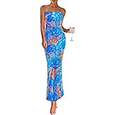 PRETTYGARDEN Womens Summer Printed Tube Maxi Dress Strapless Bodycon Sleeveless Long Beach Vacation Dresses