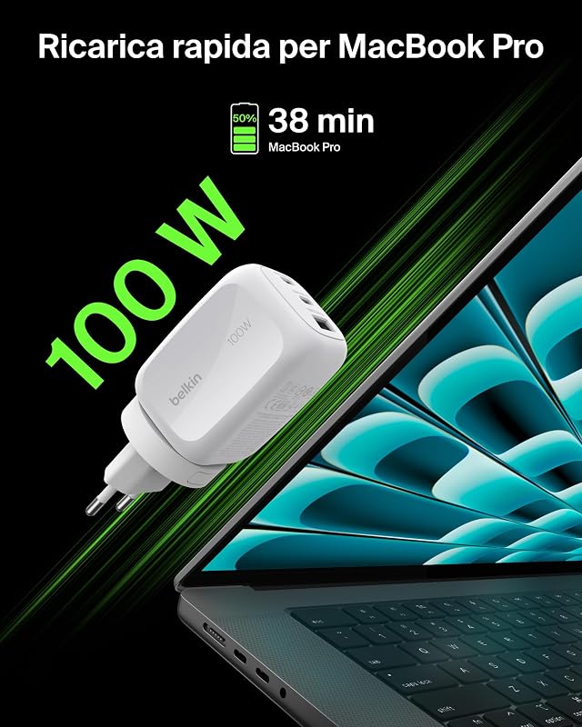 Caricatore da muro GaN USBC a 3 porte da 100 W, 2 porte USBC e 1 porta USBA, Spine incluse per UE-UK-US, Ricarica Rapida per MacBook, iPhone, iPad Pro, Samsung Galaxy, Google Pixel - Bianco