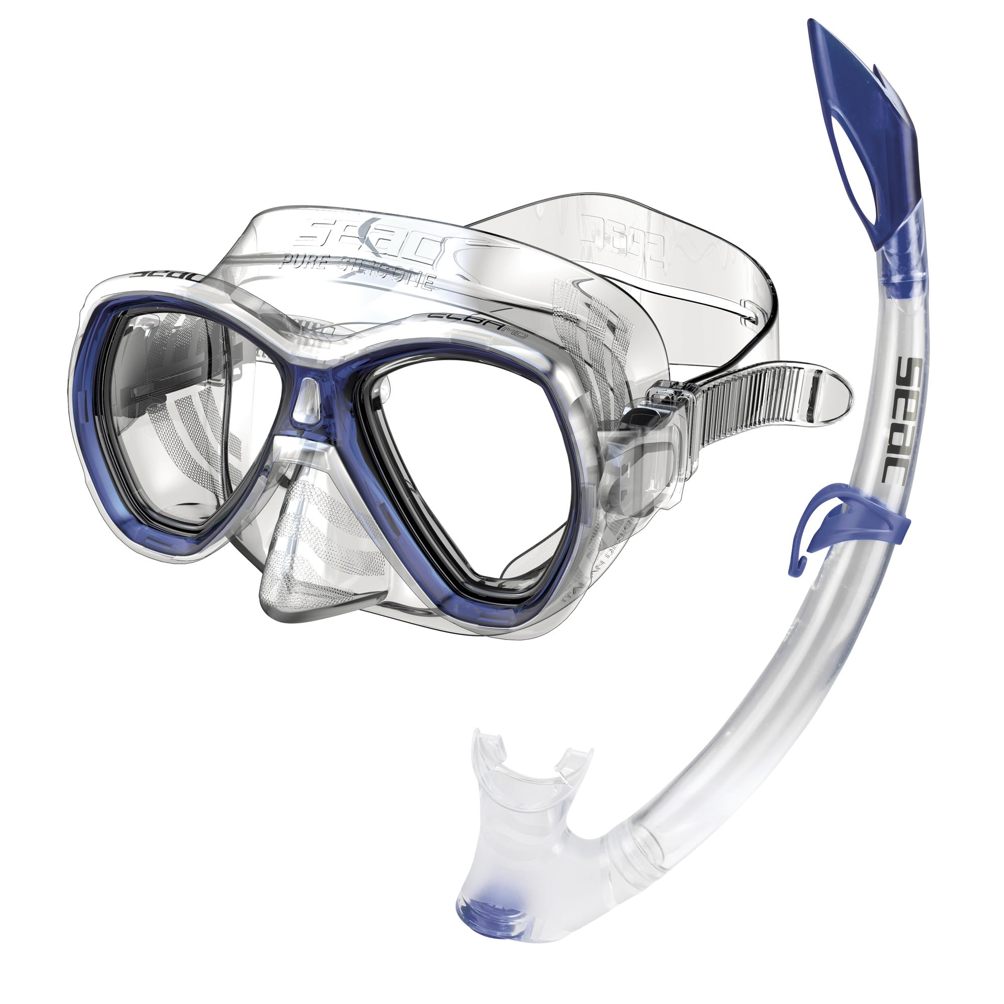 SEAC Set Elba, Snorkeling Set with Underwater Mask and Snorkel with Water Drain Valve for Boys and Girls, Transparent/Blue, Narrow