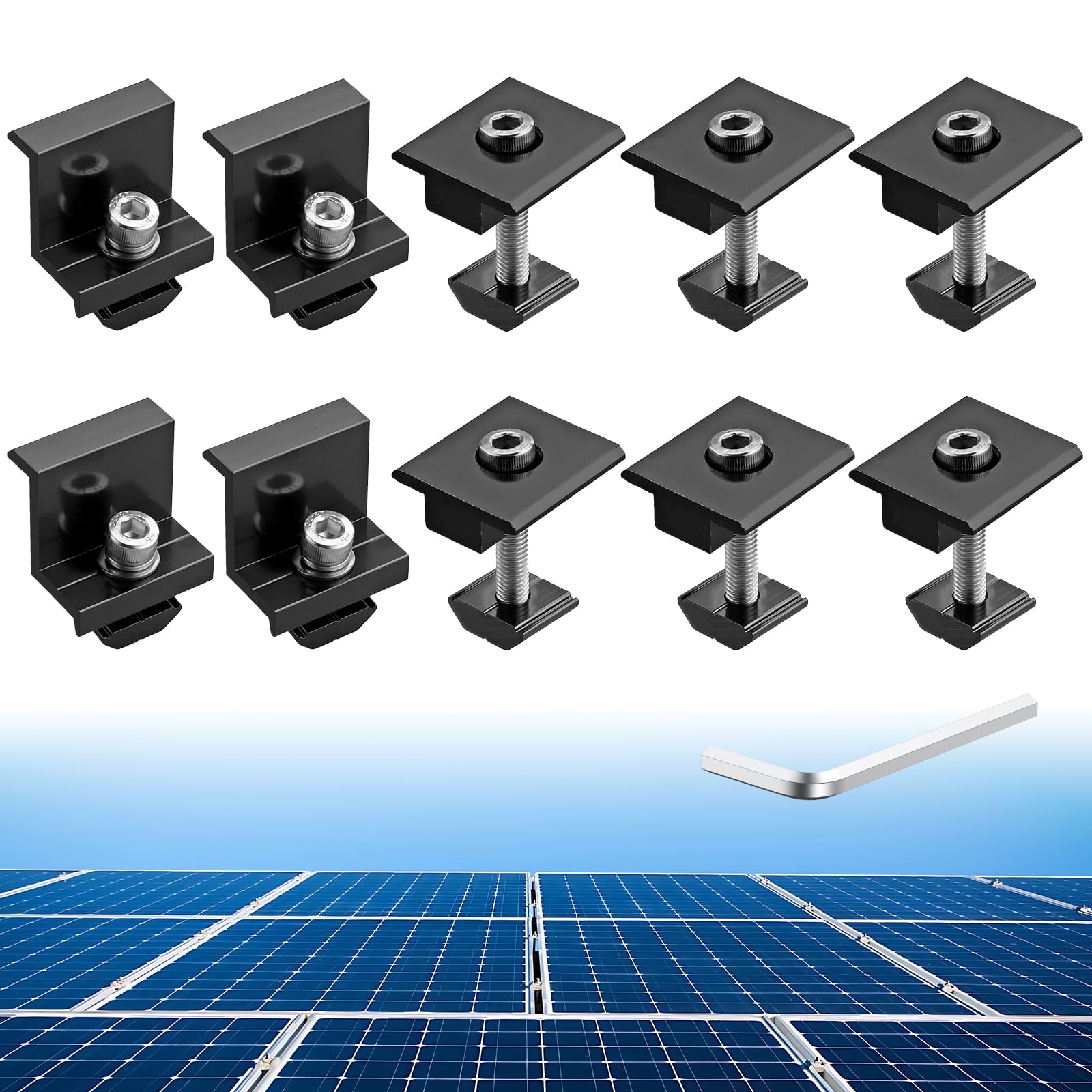 Photo 1 of Anbte 10 PCS Solar Panels Brackets 35mm, Aluminium 6 x T-Shaped Mid Clamps + 4 x End Clamps, Solar Panel Mounting Brackets for Metal, Tin, Flat, Sheet Roofs, RV, Black