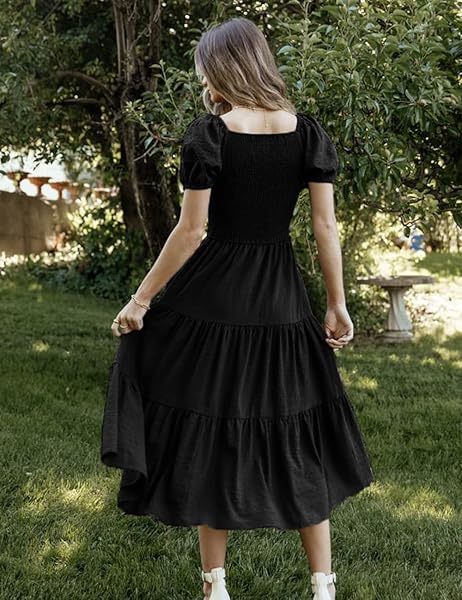RNTMR SUMMER BOHO SMOCKED MIDI DRESSES FOR WOMEN 2023 CASUAL PUFF SHORT SLEEVE CREW NECK A LINE TIERED GRADUATION DRESS BLACK