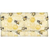 AFPANQZ Cute Bee Hive Honey Long Clutch for Ladies Girls Large Luxury Women's RFID Blocking Tri-fold Leather Wallet Zipper Travel Purse Big Capacity Phone Holder Coin Zip Pocket Multi Cards, Yellow