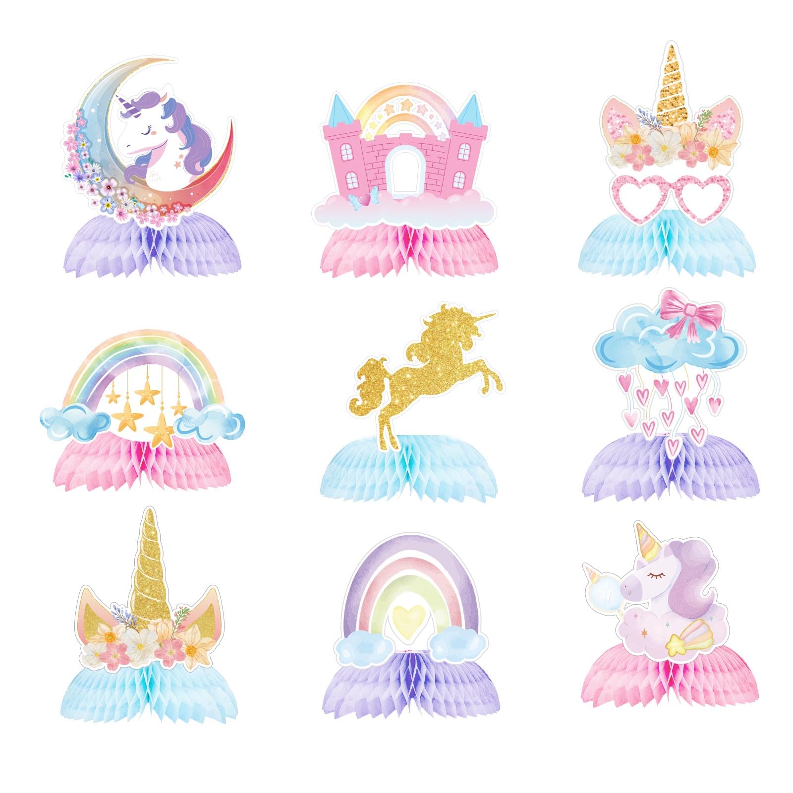Photo 1 of Chilfamy Unicorn Birthday Decorations, 9Pcs Rainbow Unicorn Honeycomb Centerpieces Party Table Decors for Kids Girls Baby Shower Birthday Party Supplies