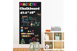 YKALL Magnetic Chalkboard Contact Paper for Wall, 47.2" x 18" Self-Adhesive Magnet Wall Sheet with 79 Magnetic Letters for Kids and 12 Colors Liquid Chalk, Magnetic Wallpaper Stickers, Chalk Board