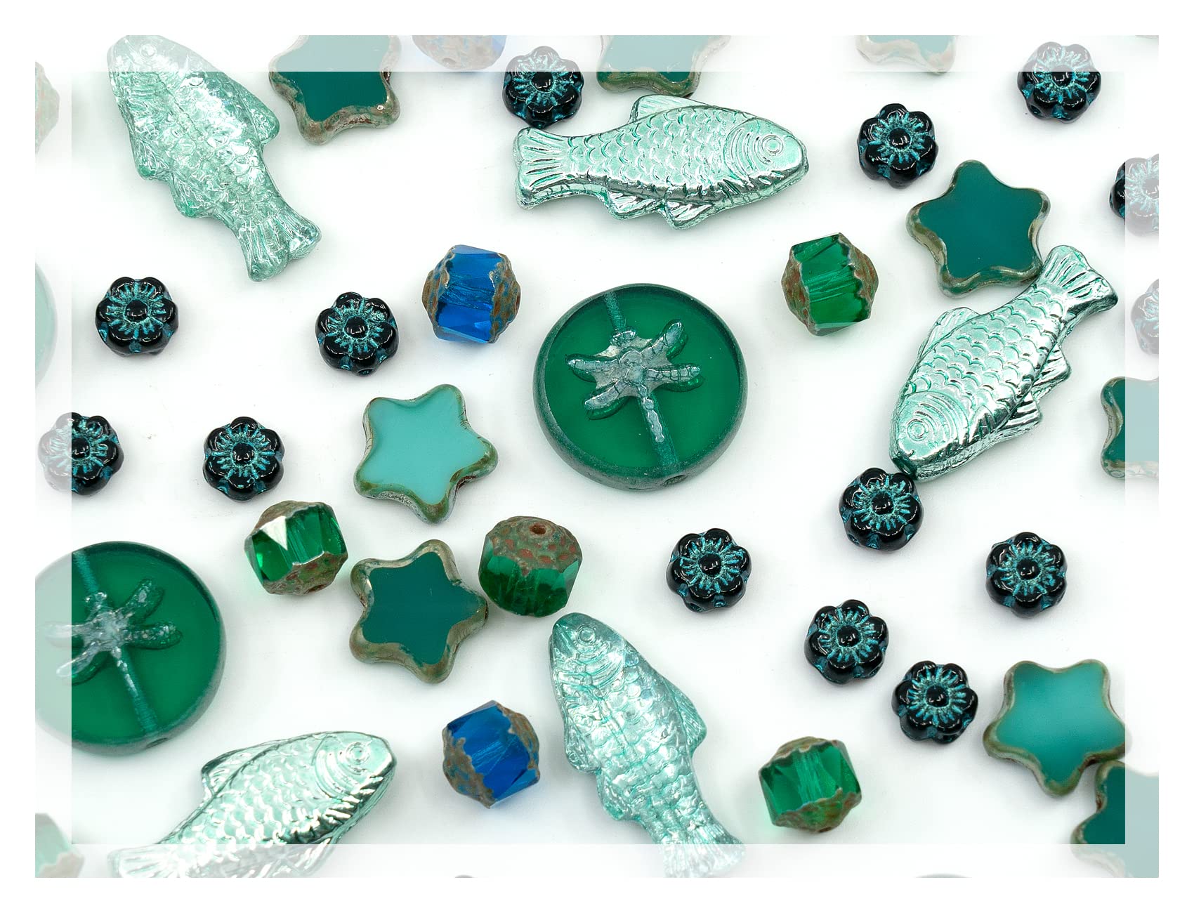 Photo 1 of 2.1oz (60g) of Glass Focal Bead Mix with Flowers, Table-Cut and fire Polish Czech Beads, PG Green