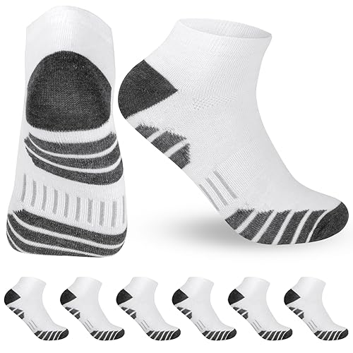 Honosen 6 Pairs Mens Trainer Running Ankle Socks, Breathable Cotton Sports Socks, Low Cut Anti Blister Cushioned Sock for Women, UK 5-9.5, White Grey