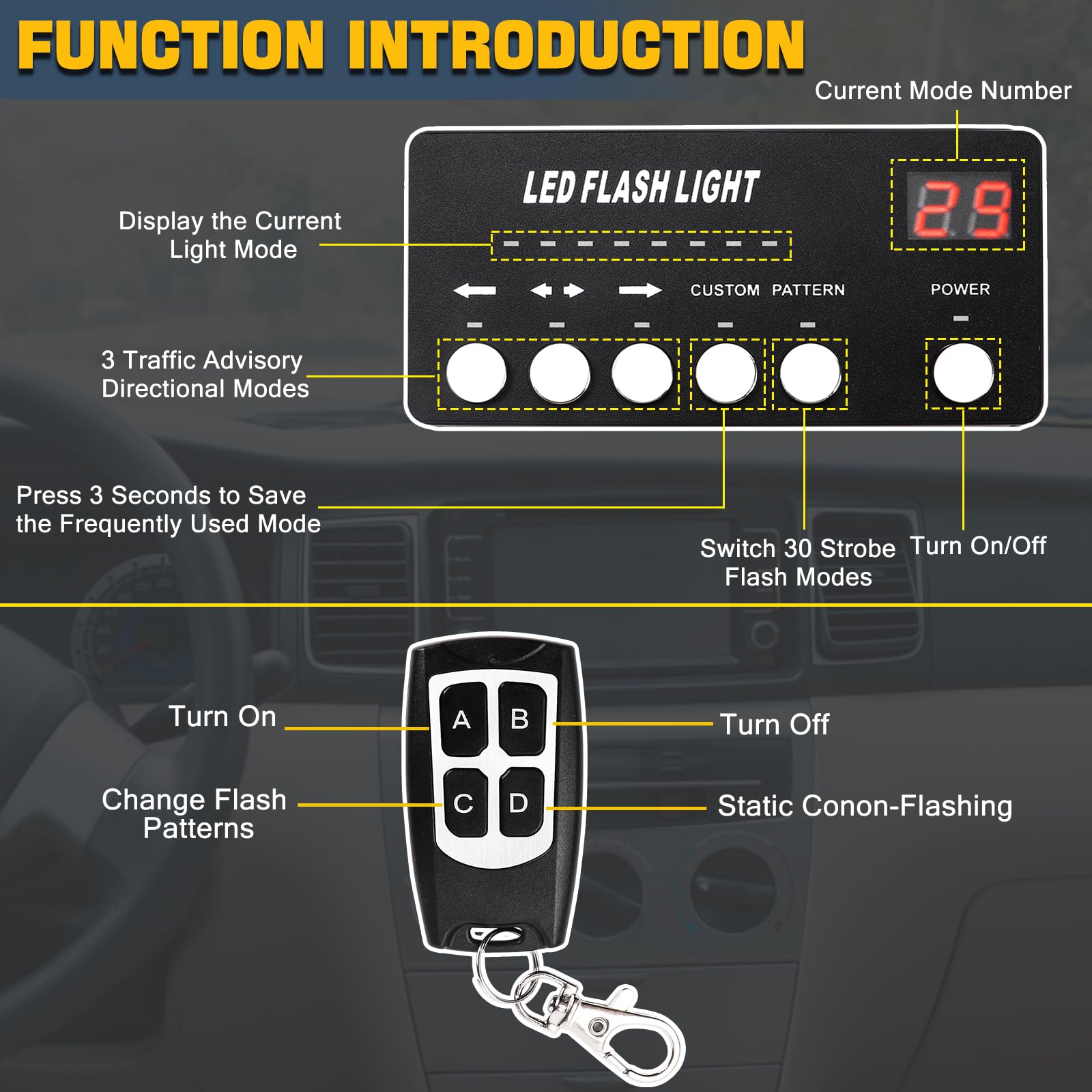 Traffic Advisor Strobe Lights Bar Emergency Warning Strobe Flash Visor Lights for Vehicles Trucks Suction Bracket 27 Inch 6 Panel Led Wireless Remote Control Amber and White