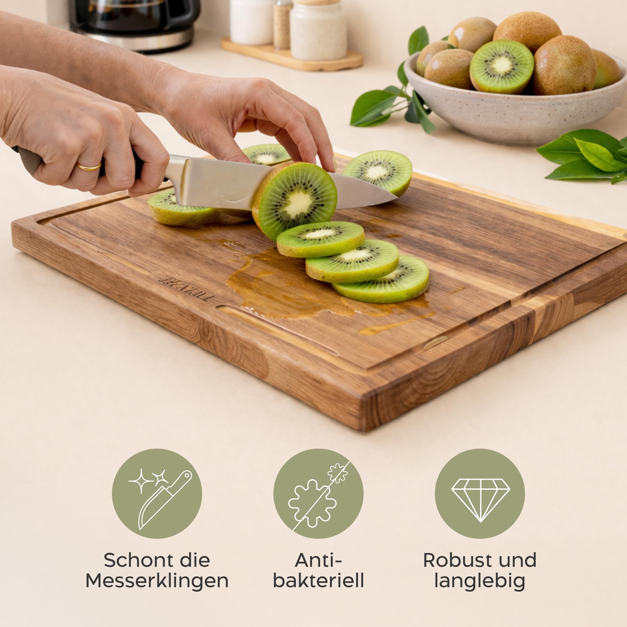Twinzee Schneidebrett 3er Set (40 x 30/33 x 24/26 x 18 cm) aus Massiver Akazie - Schneidebrett Holz mit Brettständer, 2cm dicke Holzbretter, mit Saftrille 6