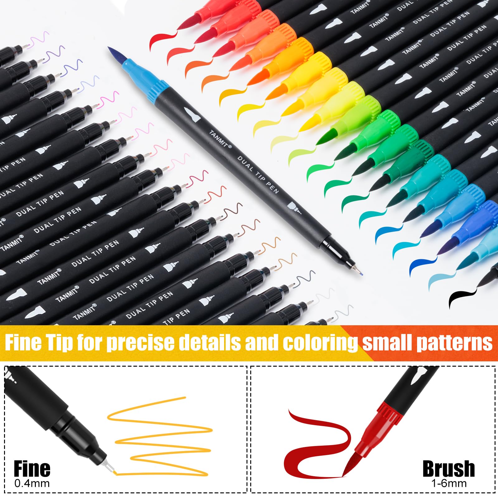TANMIT 36 Colors Dual Brush Marker Pens for Adult Coloring Books, Fine & Brush Tip Art Markers with Colored Cap, Aesthetic Cute Art Suppliers for Journaling Drawing Craft