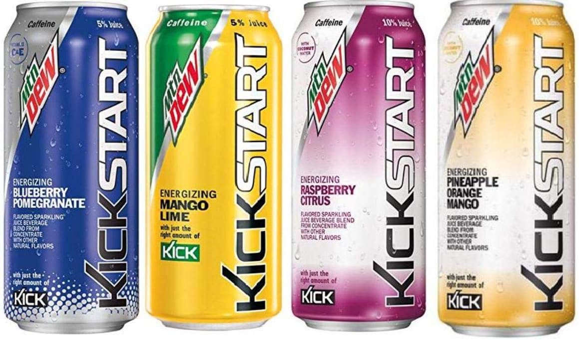 Mountain Dew Kickstart Variety - Blueberry Pomegranate, Mango Lime,Raspberry Citrus, Pineapple Orange Mango 16 Fl Oz (Pack of 16)