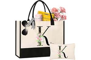 AYGE Personalized Initial Canvas Beach Tote, Monogrammed Gifts for Women, Makeup Bag, Birthday Gifts for Sister, Mom, Teacher, Bridesmaid (K)