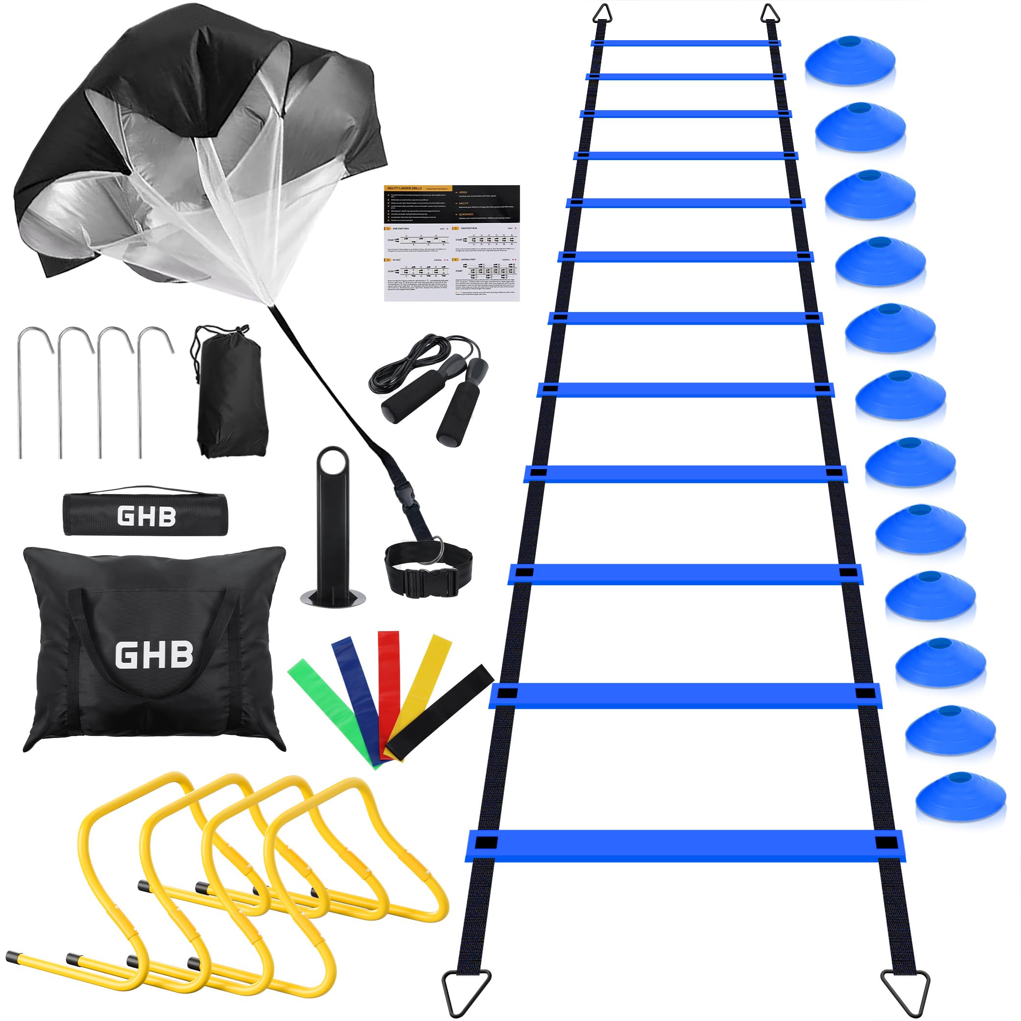 GHB Agility Ladder,Football Training Equipment Set,4 Agility Hurdles, 20 feet12 Rungs Speed Ladder,12 Disc Cones,Resistance Parachute, Jump Rope, 5 Resistance Bands