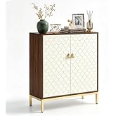 32" Sideboard Buffet Cabinet with Line Design, Small Credenza for Home | Wooden Storage Cabinet w/Line Design, Metal Base, Doors &amp; Adjustable Shelves, Coffee Bar Buffet Table Credenza