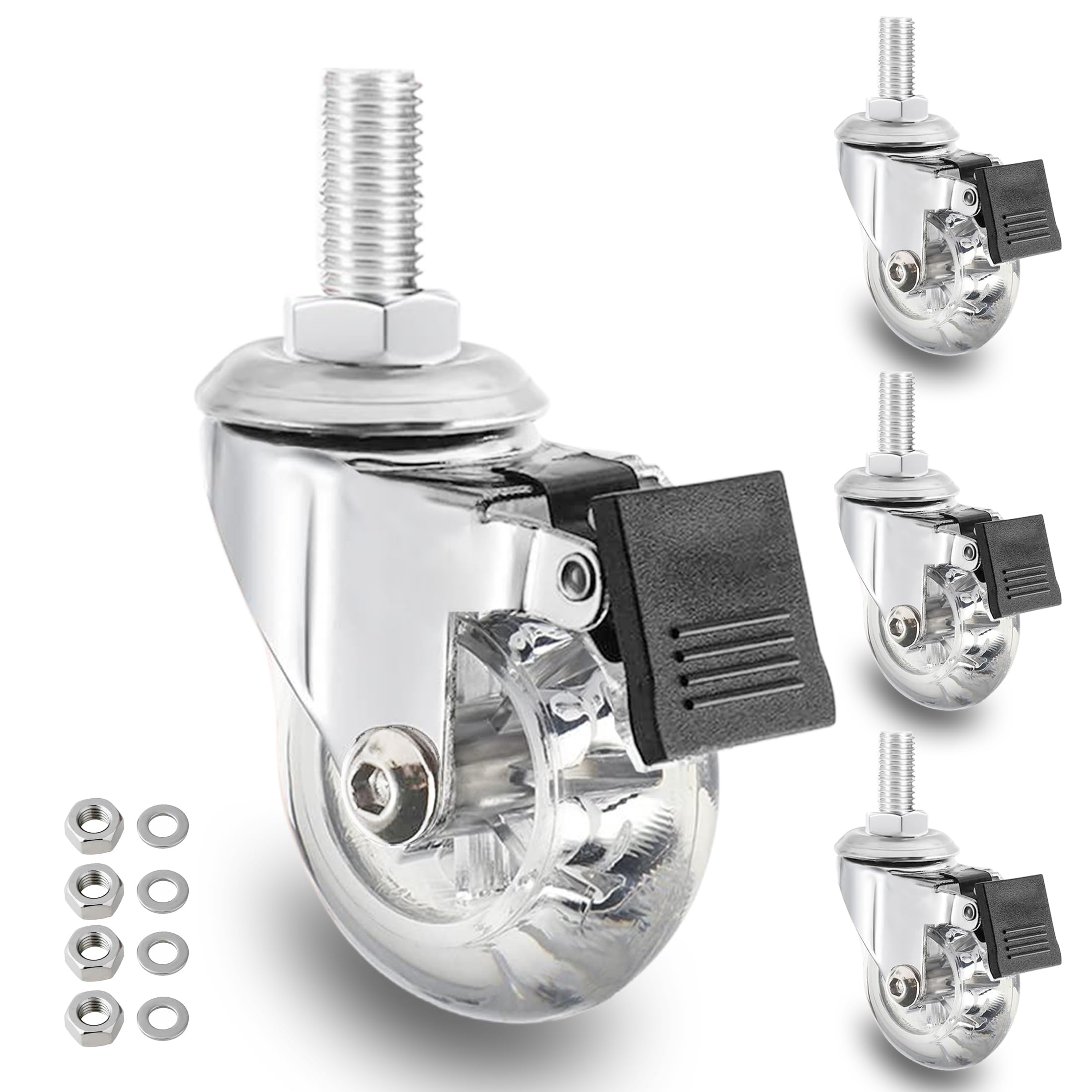 Photo 1 of 2 inch Stem Caster Wheels,Threaded Stem Castors Wheels, 360 Degree Rotated Crystal Clear Wheel,Soft Polyurethane Furniture Wheels for Carts and DIY Projects(M8X25,Brake)