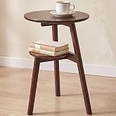 Ikebana Side Table, 2-Tier Round Solid Wood End Table, Walnut | Mid Century Modern Bed Side Table and Couch End Table, Accent Table for Small Space, Bedrooms, Living Room