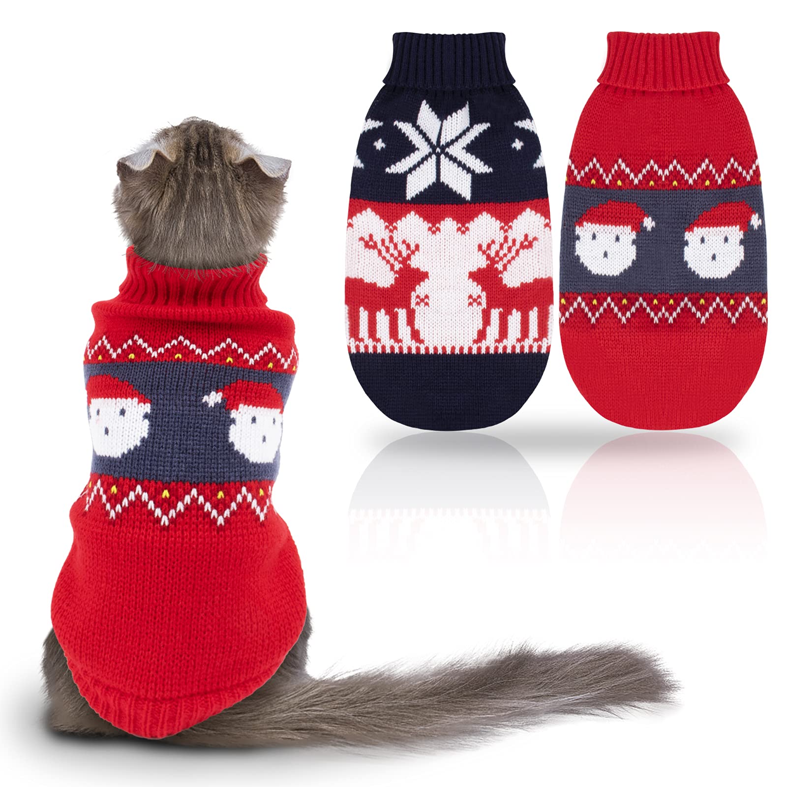 RANYPET 2 Packs Cat Christmas Jumpers, Christmas Puppy Knit Pullover Jumper Pet Turtleneck Knitwear with Reindeer Santa Claus Pattern Sweaters for Kitten and Small Dogs S