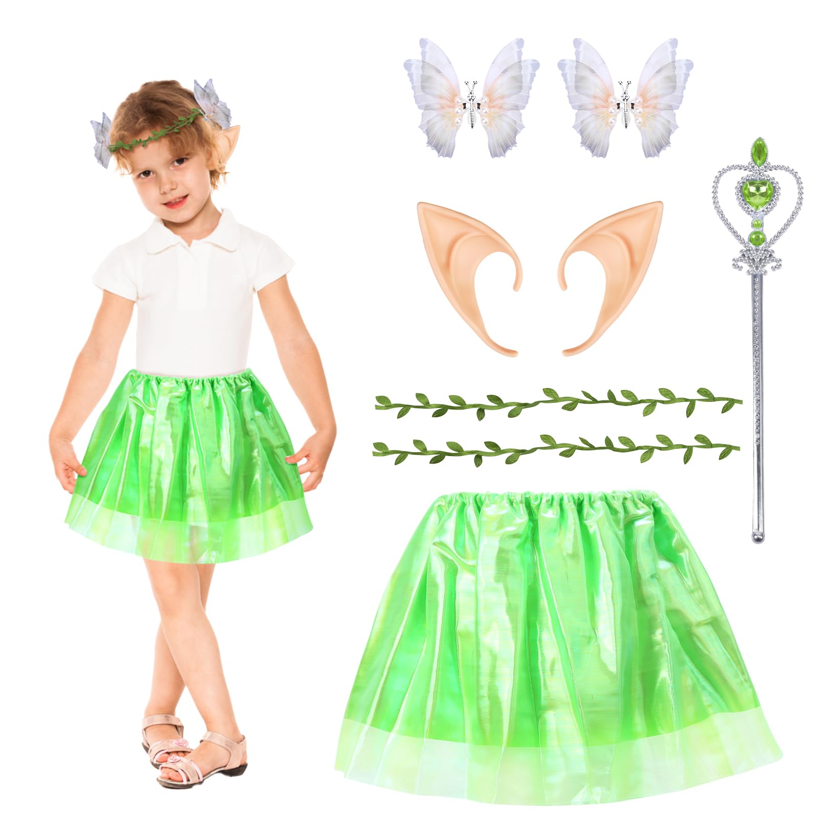 HONMOK 5 PCS Kids Fairy Elf Costume, Elf Outfit Include Elf Ears Butterfly Elf Hair Clip Leaf Headband Green Tutu Dress Magic Wand, for 3-10y Girls World Book Day Fancy Dress Party, 5 Piece Elf Fairy