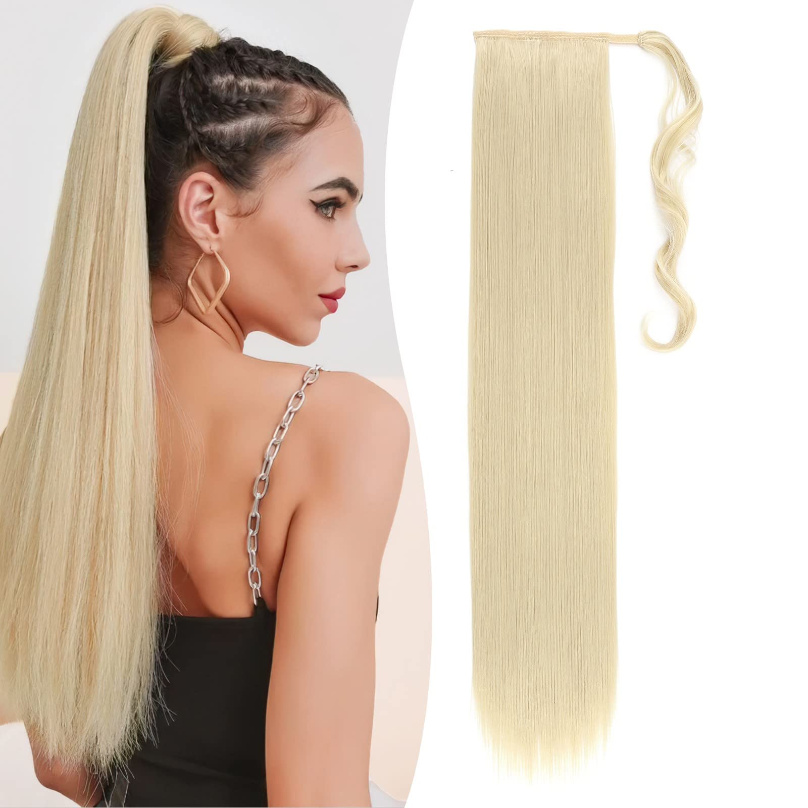 Benehair Ponytail Extension 32 Inches Long Wrap Around Ponytail Hair Extension Straight Synthetic Braid Extensions Clip in Hairpiece for Women Bleach Blon — image 1