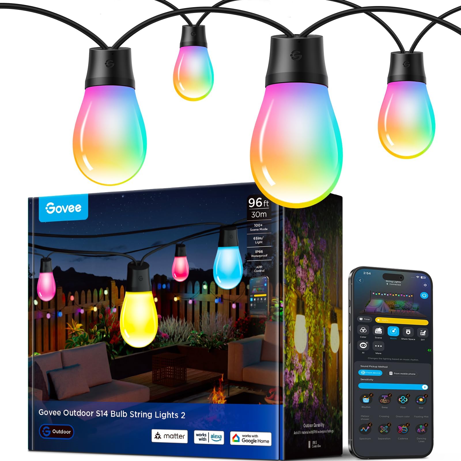 Photo 1 of Govee S14 Bulb Outdoor String Lights 2, 96ft Smart RGBIC Warm White Patio Lights with 15 LED Bulbs, 111 Scene Modes for Outdoor Decor, Upgraded IP66 Compatible with Alexa, Google, Matter, APP Control