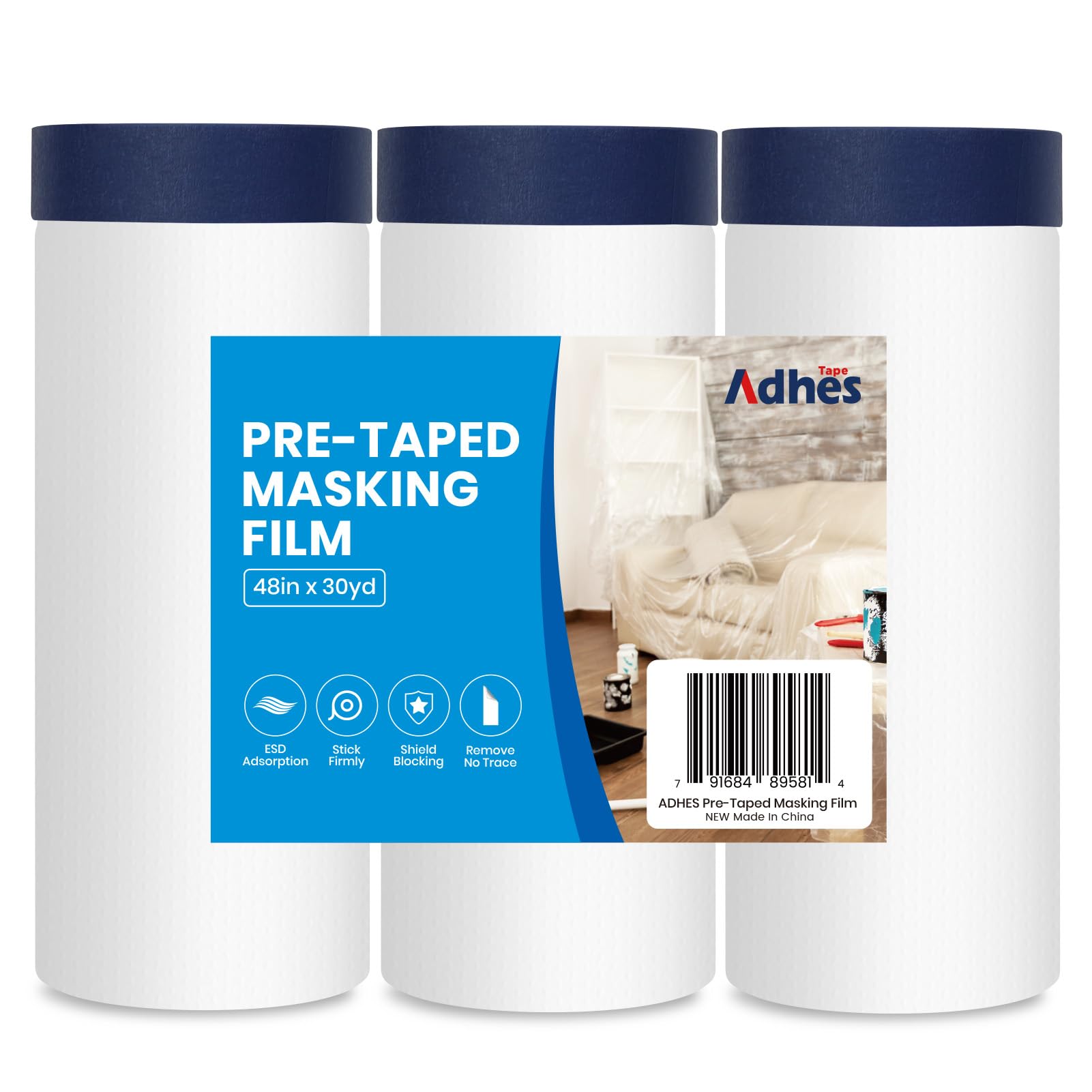 ADHES Dust Sheet Masking Film Pre-Taped Masking Film with Tape, 1200mm x 27m x 3 Rolls Painters Tape for Floor Protection, Painting Decorating Covering Dust-Proof