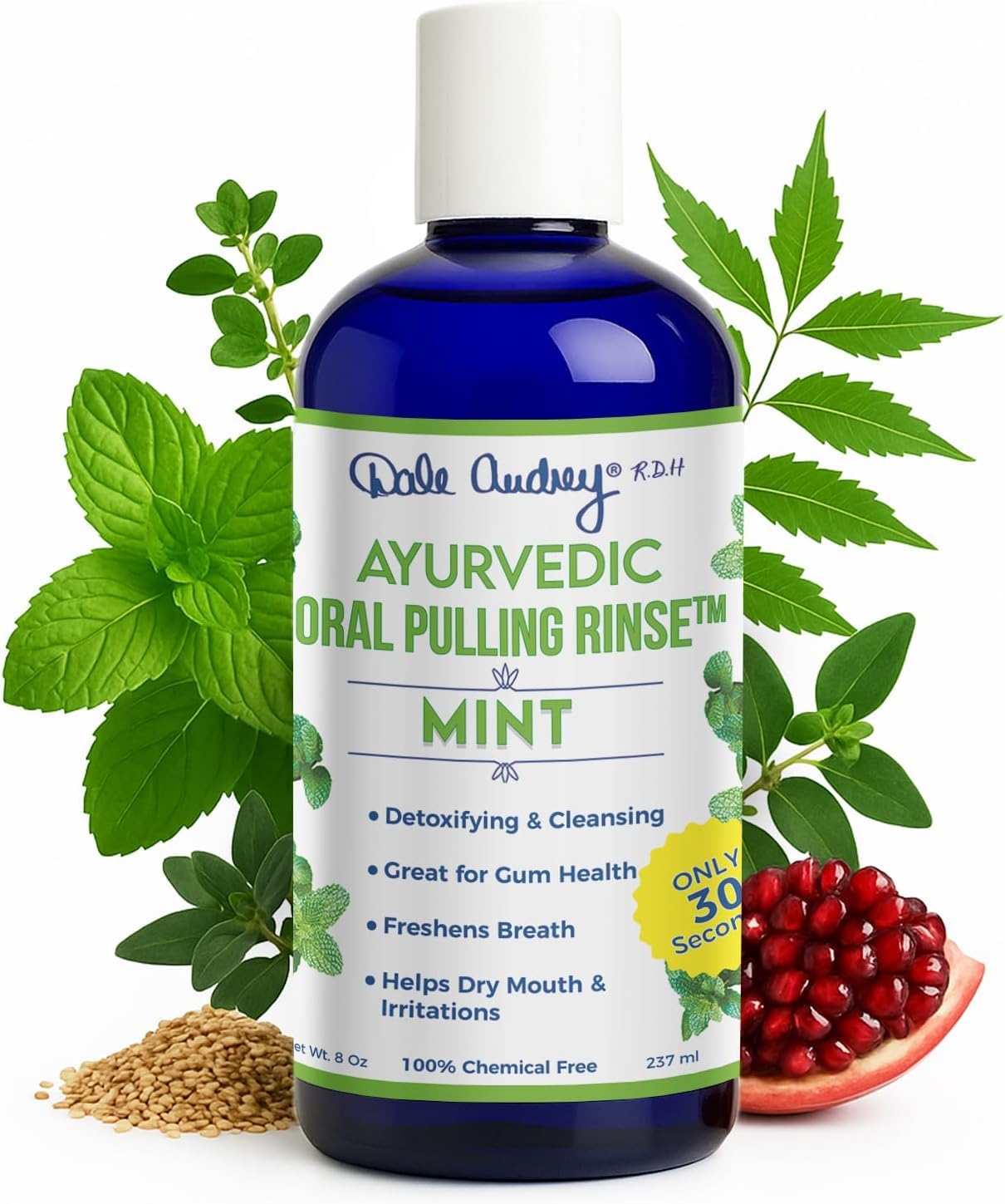 Ayurvedic Oral Pulling Rinse By Dale Audrey, MINT ,With Neem, Myrrh, Clove & Oil of Oregano. 8oz (1.5 Month-1tsp) Natural & Organic (MINT)