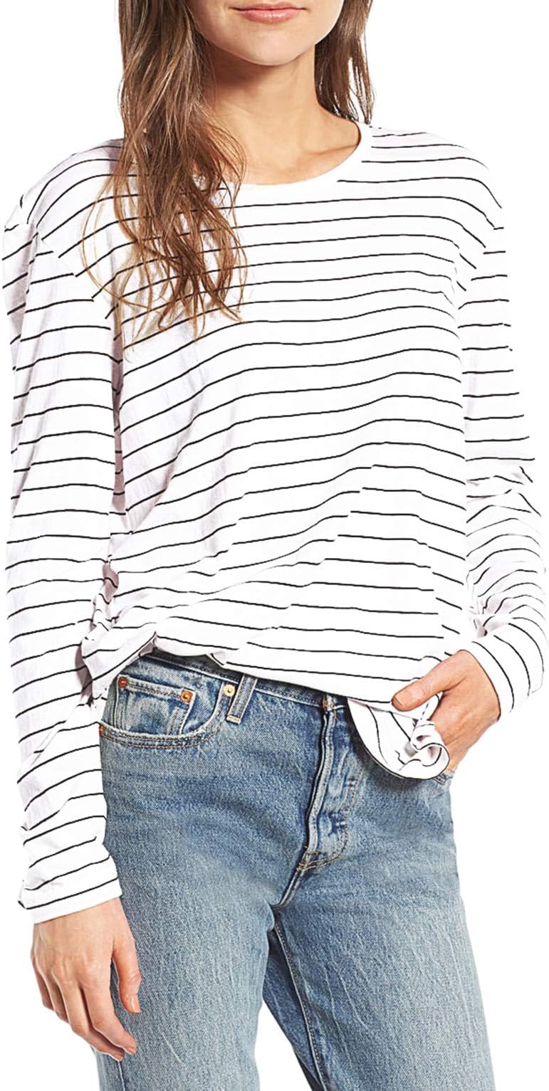 ChongXiao Women Striped Long Sleeve T-Shirt O-Neck Black and White Cute Long Tops (White, XL)