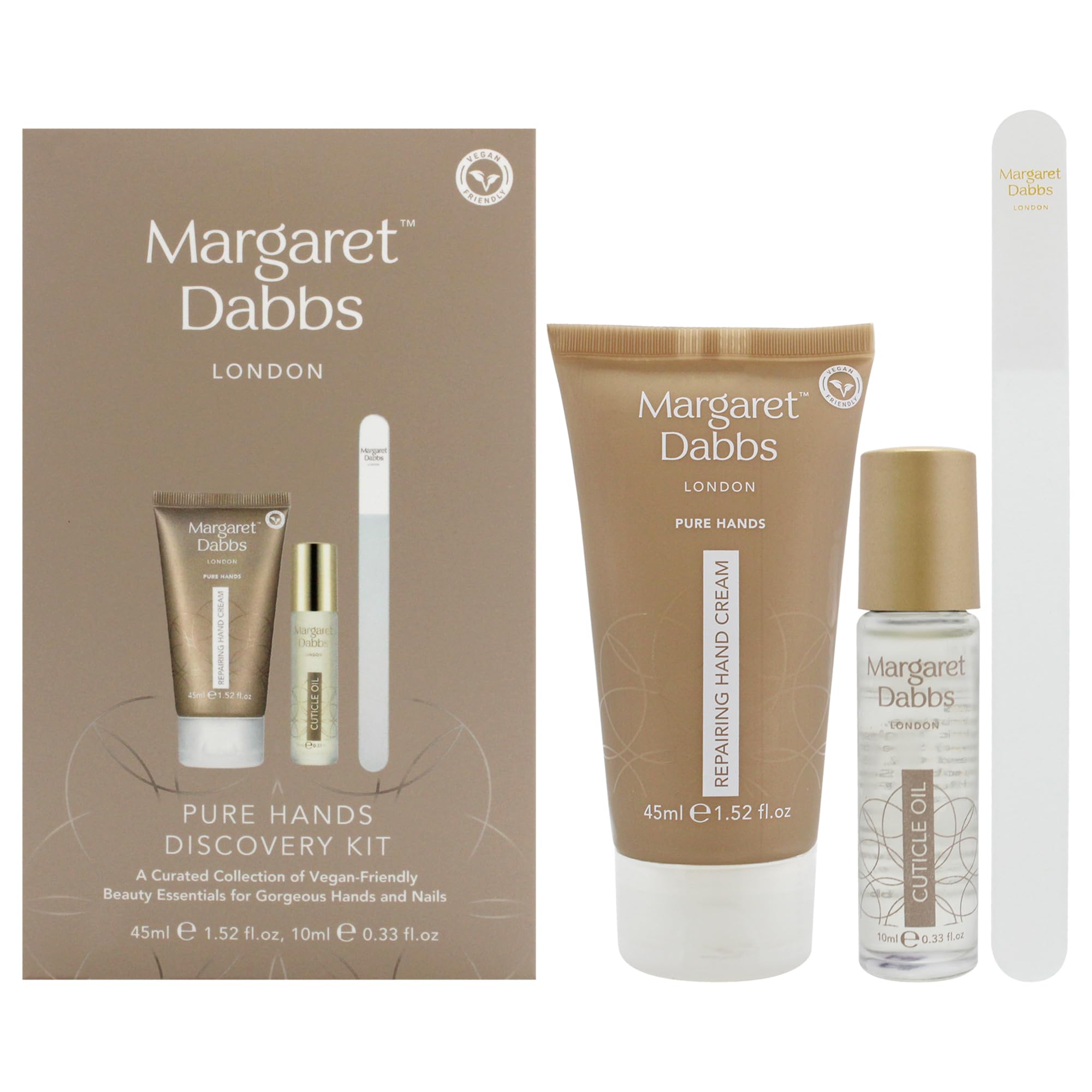 Margaret Dabbs Pure Hands Discovery Gift Set with 45ml Repairing Hand Cream, 10ml Cuticle Oil and Small Crystal Nail File