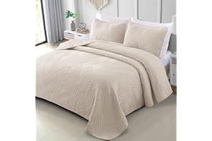 Exclusivo Mezcla Ultrasonic Full Queen Quilt Bedding Set, Lightweight Brich Beige Bedspreads Soft Modern Geometric Coverlet Set for All Seasons (1 Quilt and 2 Pillow Shams)