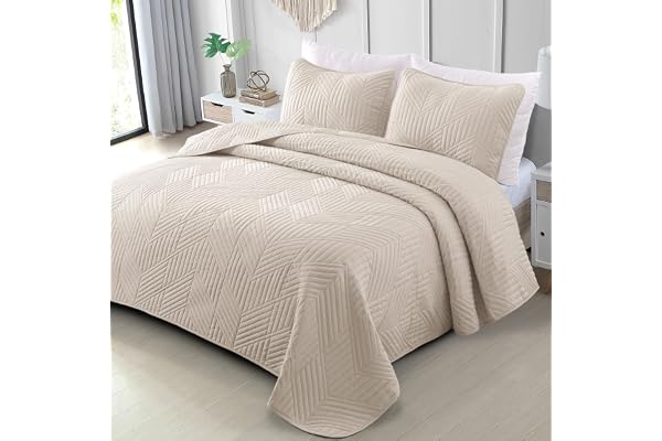 Exclusivo Mezcla Ultrasonic Full Queen Quilt Bedding Set, Lightweight Brich Beige Bedspreads Soft Modern Geometric Coverlet S