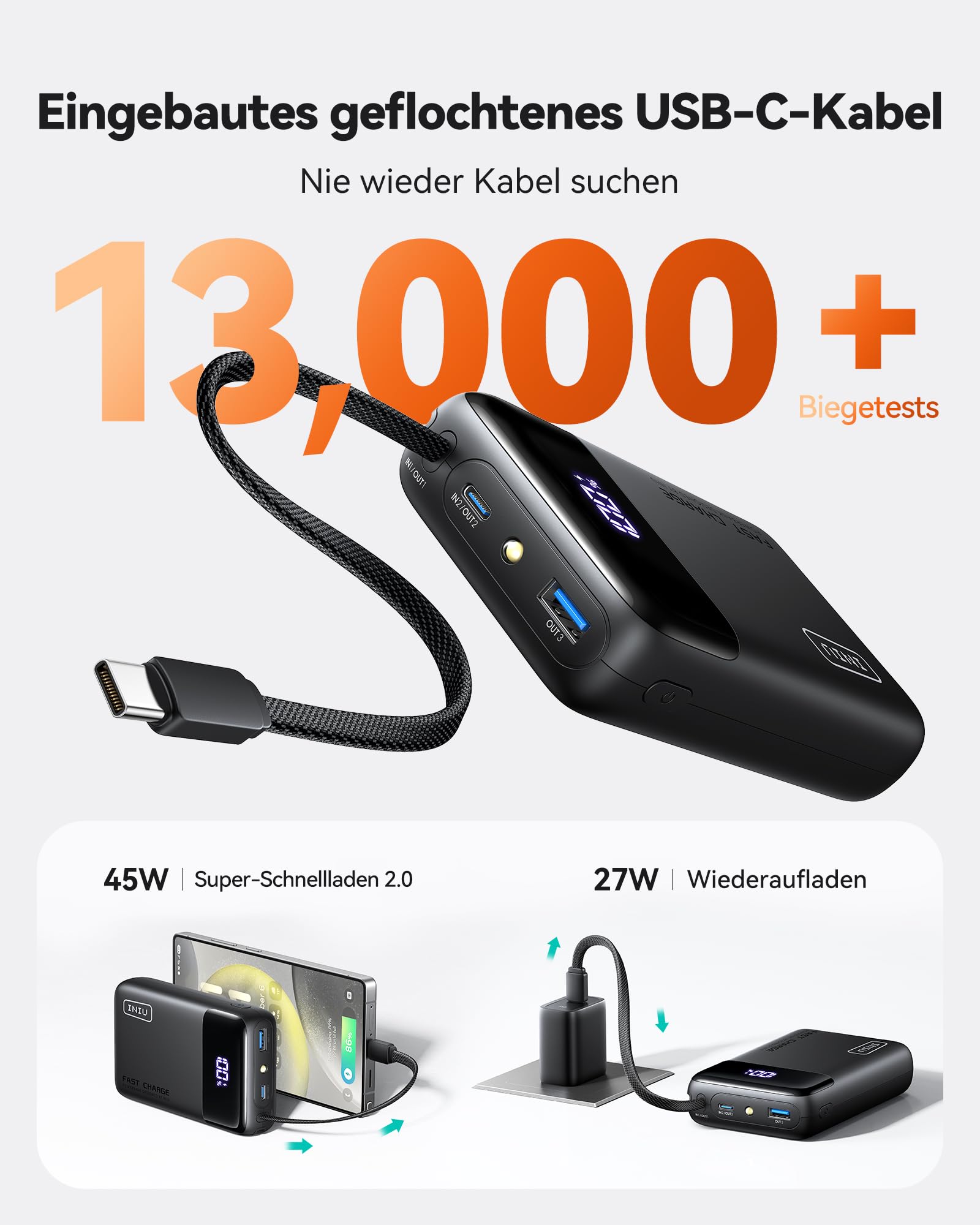 INIU 45W Power Bank, Ultra Klein 20000mAh Powerbank iPhone mit Integriertem USB-C Kabel, Schnellladen Externe Handyakkus Mini, Klein Aber Stark für iPhone 17 16 15 Pro, Samsung S22, Xiaomi, iPad etc 4