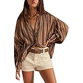 Women Front Button Down Vintage Plaid Striped Batwing Blouse Shirt Y2k Long Sleeve V Neck Gingham Crop Tops