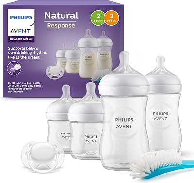 Philips AVENT Babyflaschen Natural Response, Geschenkset für Neugeborene – 4 Babyflaschen, ultra soft Schnuller und Flaschenbürste, Babys von 0–12 Monaten und älter (Modell SCD838/11)