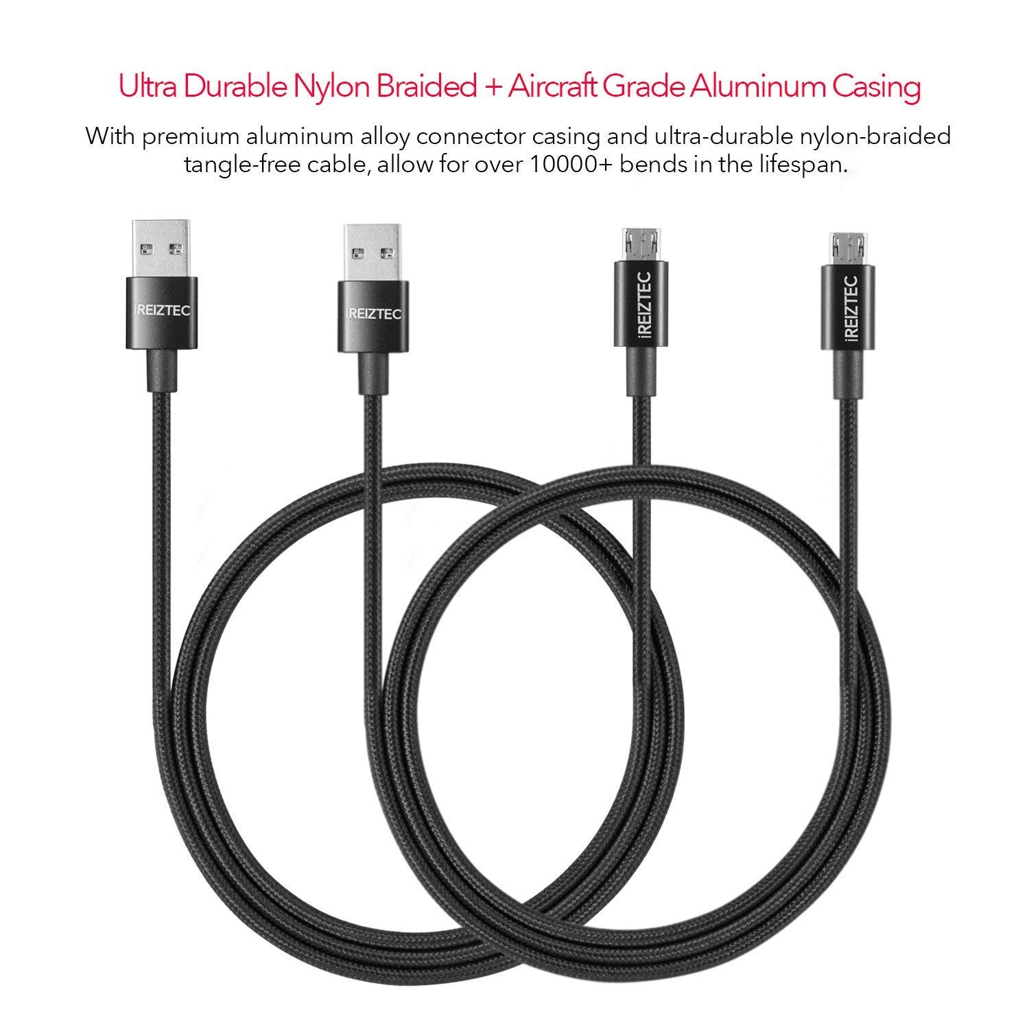 REVERSIBLE Micro USB cable 3.3ft 2-Pack，iREIZTEC Nylon Braided Tangle-Free Durable High Speed Sync + 3.0 Amps Fast Charging Cable for Android, Samsung S8/9 plus N8, HTC, Nokia, Sony and More (Black)